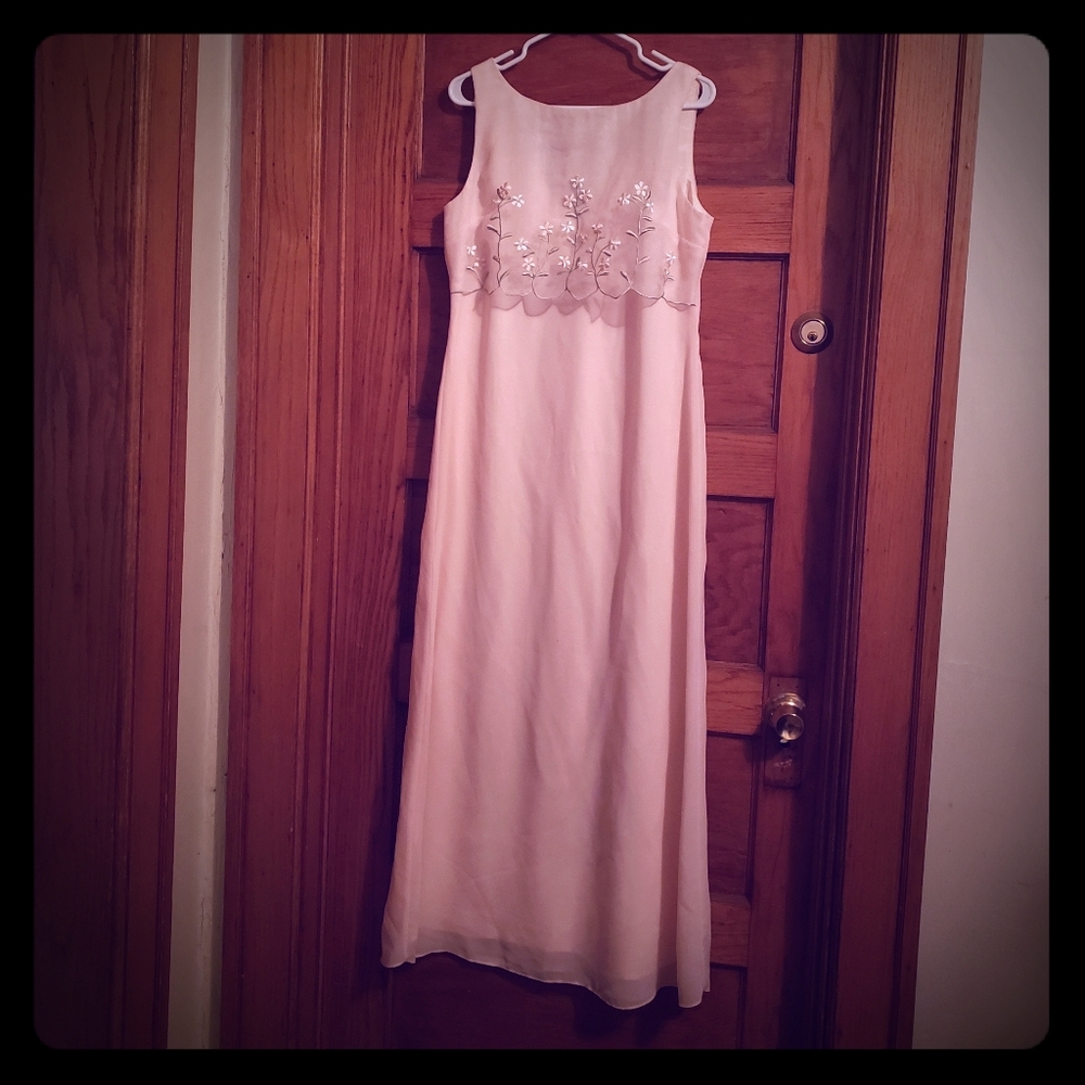 Peach evening dress with floral front panel